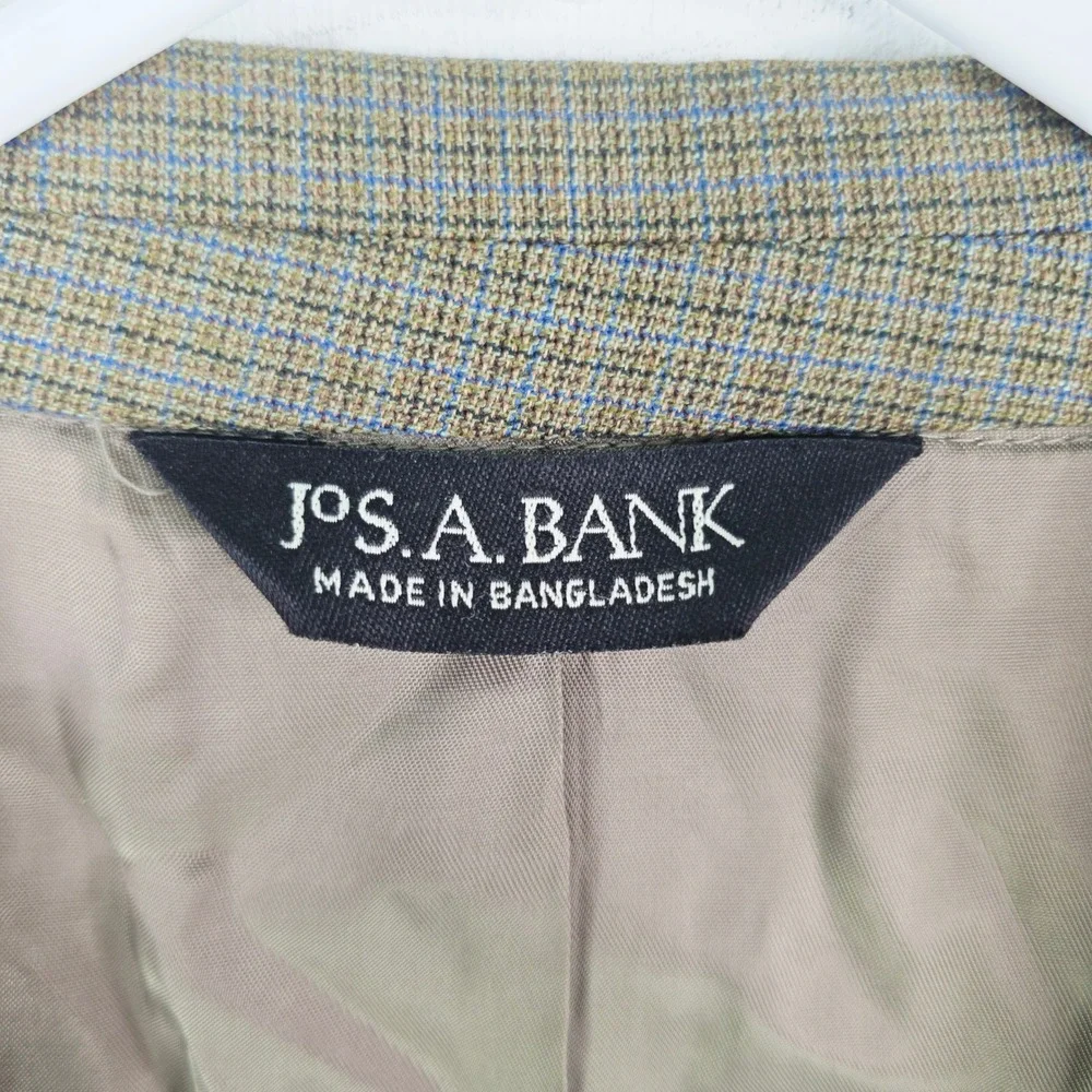 Jos. A. Bank Mens 48R Sport Coat Blazer Olive Green/Blue Micro Check 100% Wool